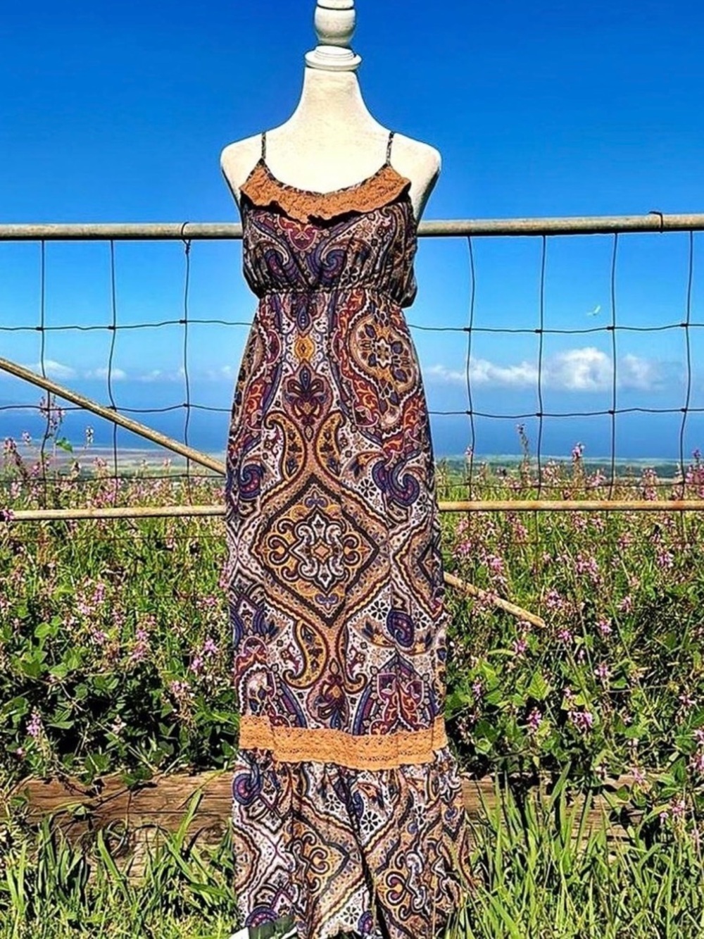 Purple brown paisley baby doll sleeveless boho festival prairie maxi dress